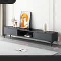 Black TV stand with measurements in a room setting