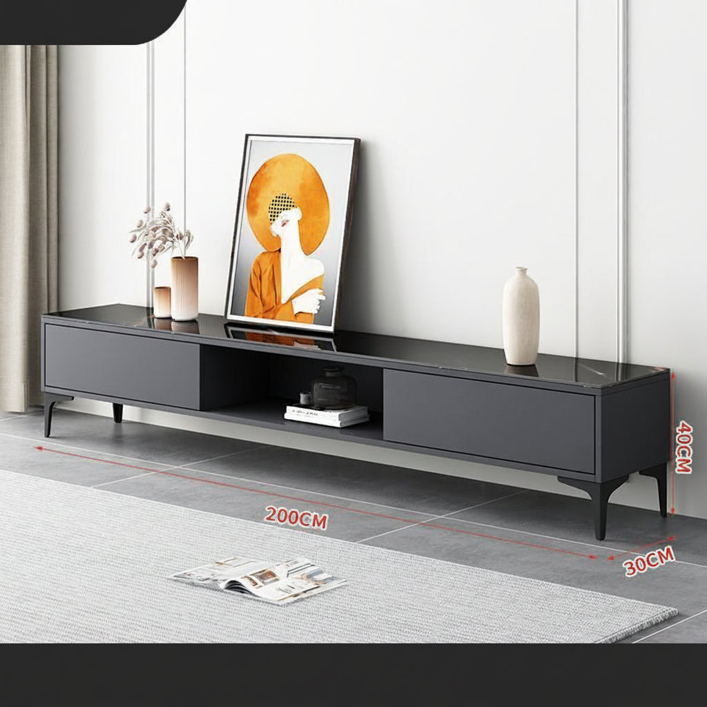 Black TV stand with measurements in a room setting