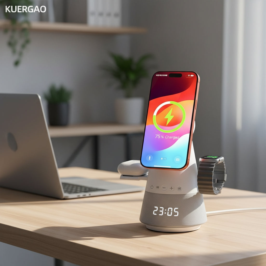 A smart speaker charging station in a home setting, holding a smartphone and a white earbud case. The scene includes a vase of pink roses, a book, and a sofa in the background, with Chinese promotional text overlays.