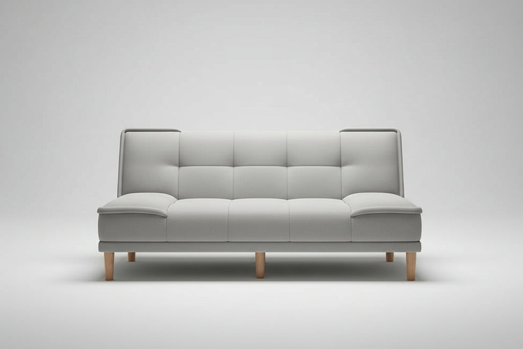 Gray sofa bed in a room with decorative elements
