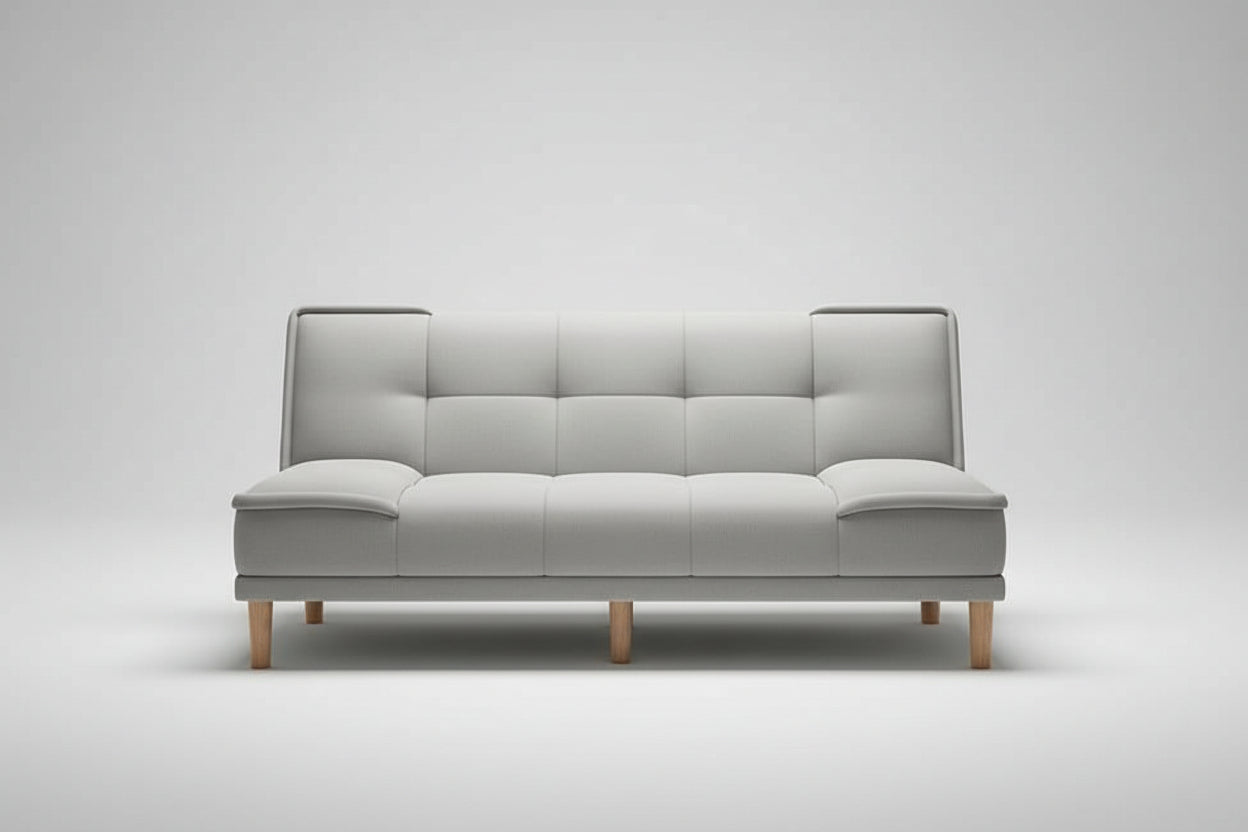 Gray sofa bed in a room with decorative elements