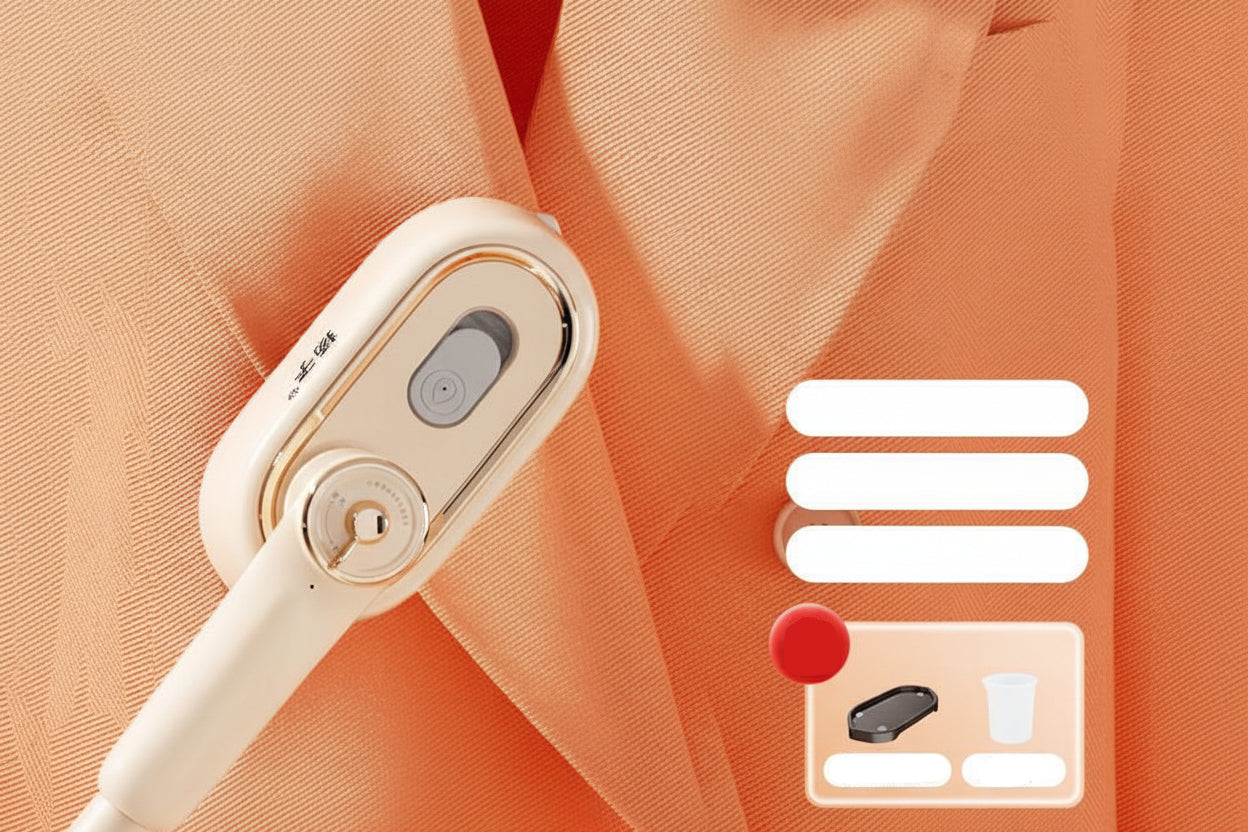 White handheld device with a power button on an orange fabric background