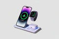 Wireless charging station with smartphone, smartwatch, and wireless earbuds on a dark surface.
