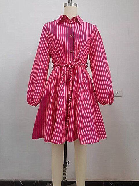 Pink & White Striped Long-sleeved Shirt Dress