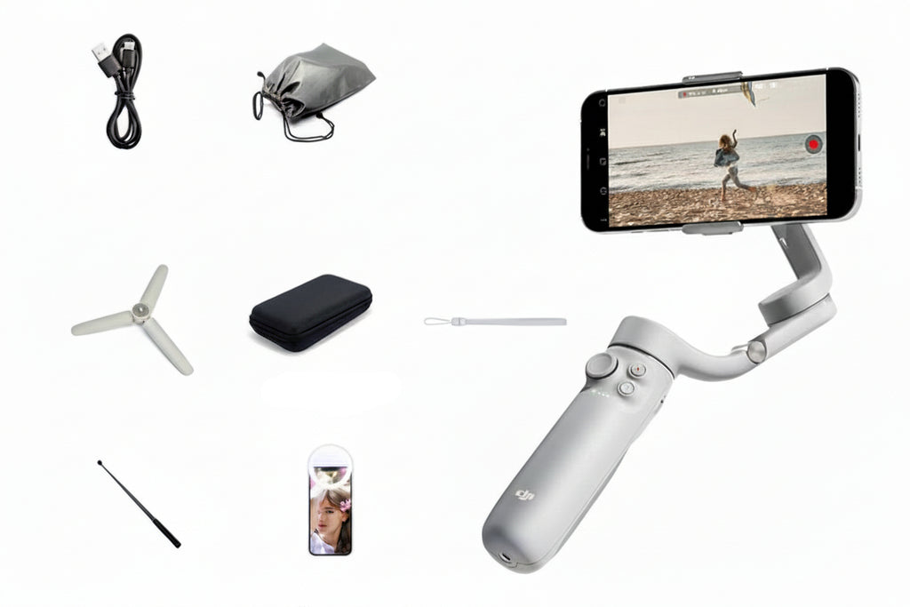 DJI OM5 smartphone stabilizer with accessories on a white background