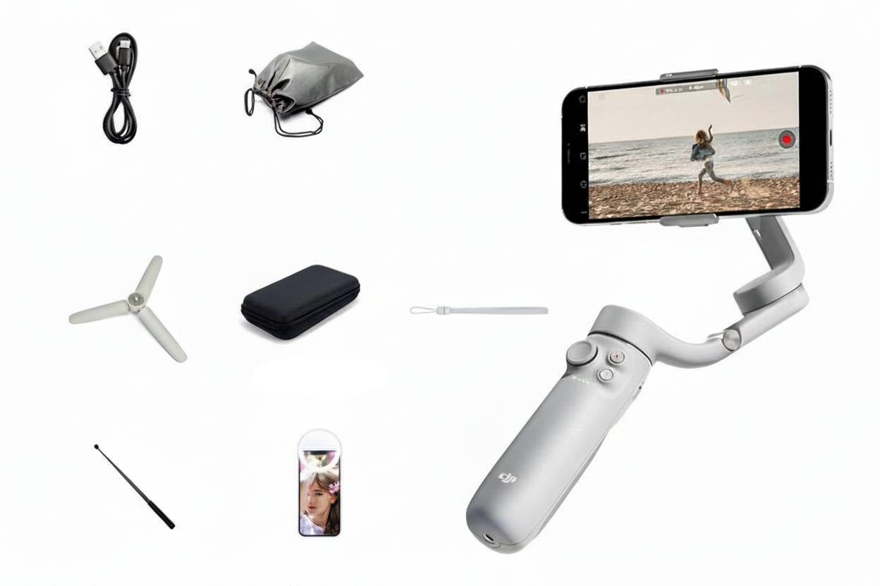 DJI OM5 smartphone stabilizer with accessories on a white background